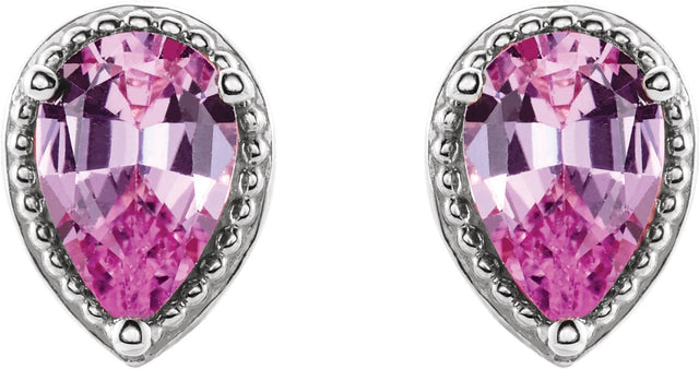 14K Gold Pear Natural Pink Sapphire Beaded Solitaire Earrings - White Gold - view 2
