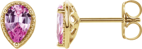 14K Gold Pear Natural Pink Sapphire Beaded Solitaire Earrings - Yellow Gold