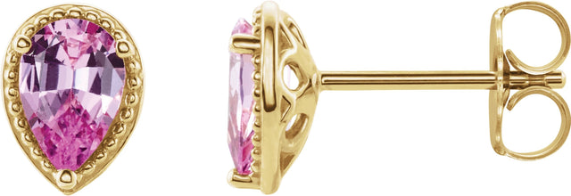 14K Gold Pear Natural Pink Sapphire Beaded Solitaire Earrings - Yellow Gold