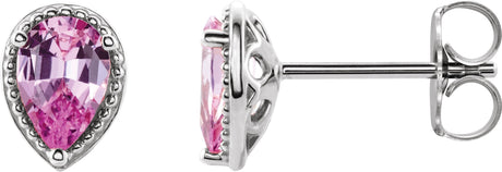 Platinum Pear Natural Pink Sapphire Beaded Solitaire Earrings