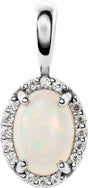 14K Gold Natural White Opal & Natural Diamond Oval 4-Prong Halo-Style Cabochon Pendant - White Gold