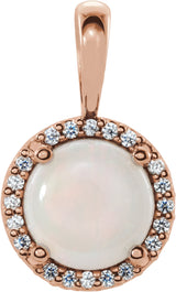 14K Gold Natural White Opal & Natural Diamond Round 4-Prong Halo-Style Cabochon Pendant - Rose Gold