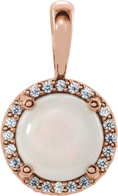 14K Gold Natural White Opal & Natural Diamond Round 4-Prong Halo-Style Cabochon Pendant - Rose Gold