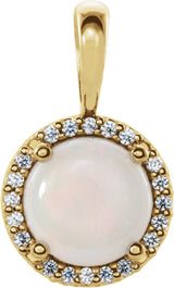 14K Gold Natural White Opal & Natural Diamond Round 4-Prong Halo-Style Cabochon Pendant - Yellow Gold