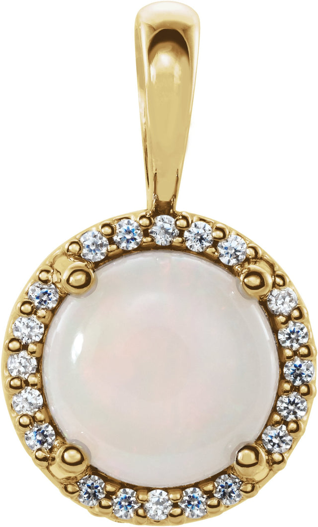 14K Gold Natural White Opal & Natural Diamond Round 4-Prong Halo-Style Cabochon Pendant - Yellow Gold