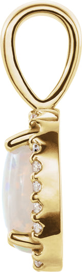 14K Gold Natural White Opal & Natural Diamond Round 4-Prong Halo-Style Cabochon Pendant - Yellow Gold - view 2