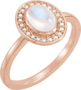 14K Gold Oval Natural Rainbow Moonstone & Natural Diamond Halo-Style Cabochon Ring – 7x5mm - Rose Gold