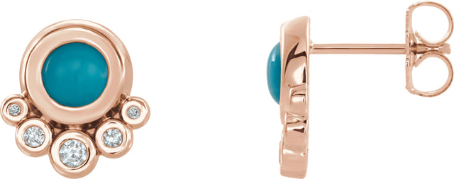 14K Gold Round Natural Turquoise & Natural Diamond Accented Cabochon Earrings – 5mm Stones - Rose Gold