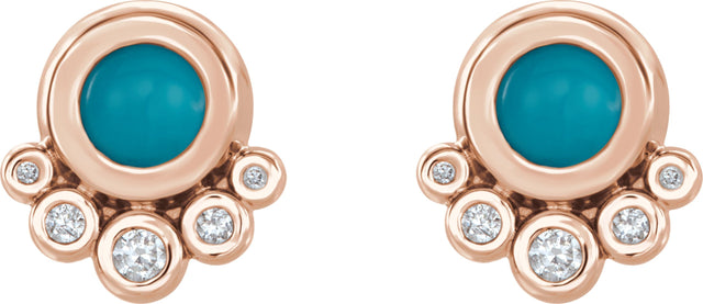 14K Gold Round Natural Turquoise & Natural Diamond Accented Cabochon Earrings – 5mm Stones - Rose Gold - view 2