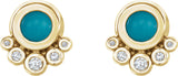 14K Gold Round Natural Turquoise & Natural Diamond Accented Cabochon Earrings – 5mm Stones - Yellow Gold - view 2
