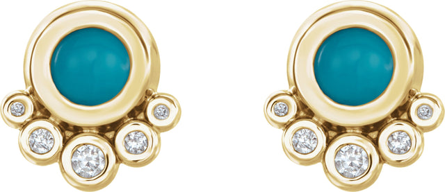 14K Gold Round Natural Turquoise & Natural Diamond Accented Cabochon Earrings – 5mm Stones - Yellow Gold - view 2