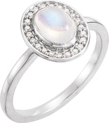 Platinum Oval Natural Rainbow Moonstone & Natural Diamond Halo-Style Cabochon Ring