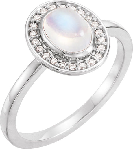 Platinum Oval Natural Rainbow Moonstone & Natural Diamond Halo-Style Cabochon Ring