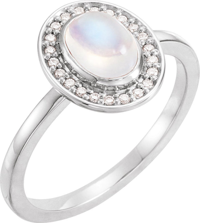 Platinum Oval Natural Rainbow Moonstone & Natural Diamond Halo-Style Cabochon Ring