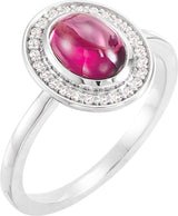 14K Gold Oval Natural Rhodolite Garnet & Natural Diamond Halo-Style Cabochon Ring - White Gold