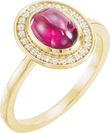 14K Gold Oval Natural Rhodolite Garnet & Natural Diamond Halo-Style Cabochon Ring - Yellow Gold
