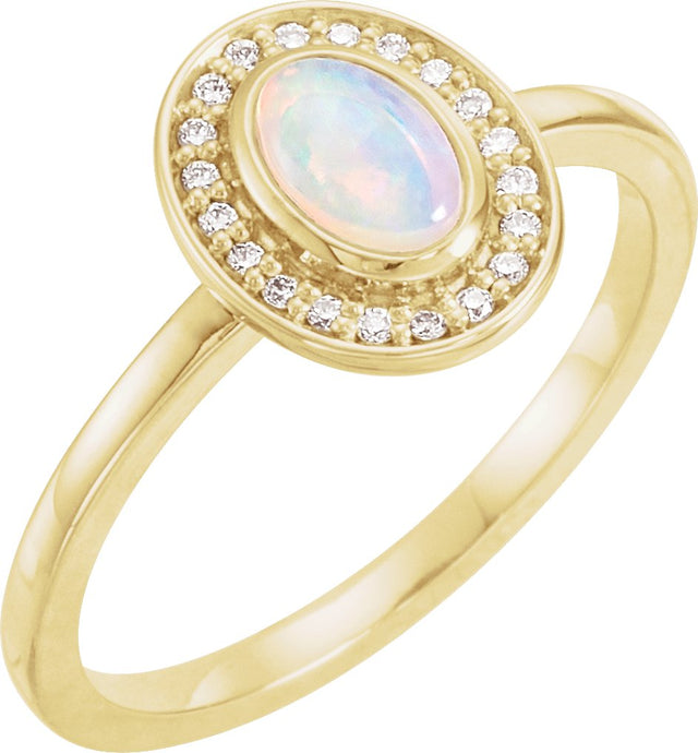 14K Gold Oval Natural Rainbow Moonstone & Natural Diamond Halo-Style Cabochon Ring – 7x5mm - Yellow Gold