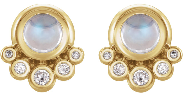14K Gold Round Natural Rainbow Moonstone & Natural Diamond Accented Cabochon Earrings – 5mm Stones - Yellow Gold - view 2