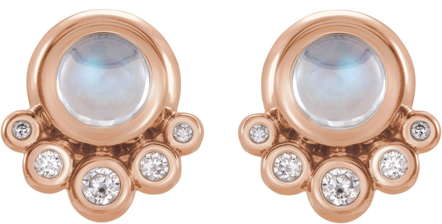 14K Gold Round Natural Rainbow Moonstone & Natural Diamond Accented Cabochon Earrings – 5mm Stones - Rose Gold - view 2