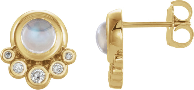 14K Gold Round Natural Rainbow Moonstone & Natural Diamond Accented Cabochon Earrings – 5mm Stones - Yellow Gold