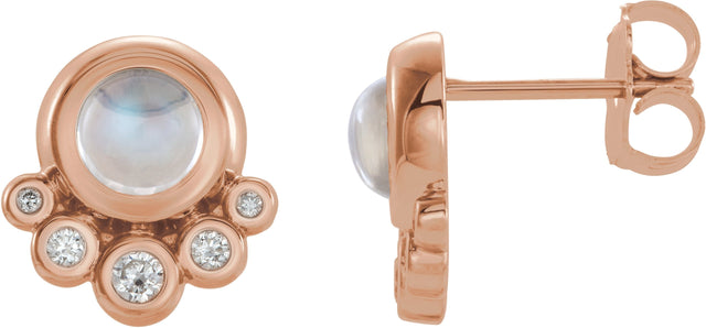 14K Gold Round Natural Rainbow Moonstone & Natural Diamond Accented Cabochon Earrings – 5mm Stones - Rose Gold