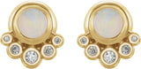 14K Gold Round Natural Opal & Natural Diamond Accented Cabochon Earrings - Yellow Gold - view 2