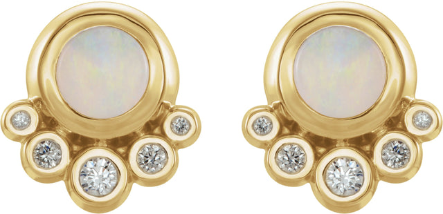 14K Gold Round Natural Opal & Natural Diamond Accented Cabochon Earrings - Yellow Gold - view 2
