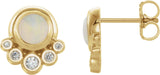 14K Gold Round Natural Opal & Natural Diamond Accented Cabochon Earrings - Yellow Gold