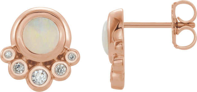 14K Gold Round Natural White Opal & Natural Diamond Accented Cabochon Earrings – 5mm Stones