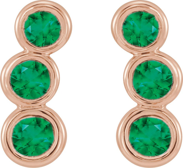 14K Gold Round Natural Emerald Three-Stone Ear Climbers - Rose Gold - view 5