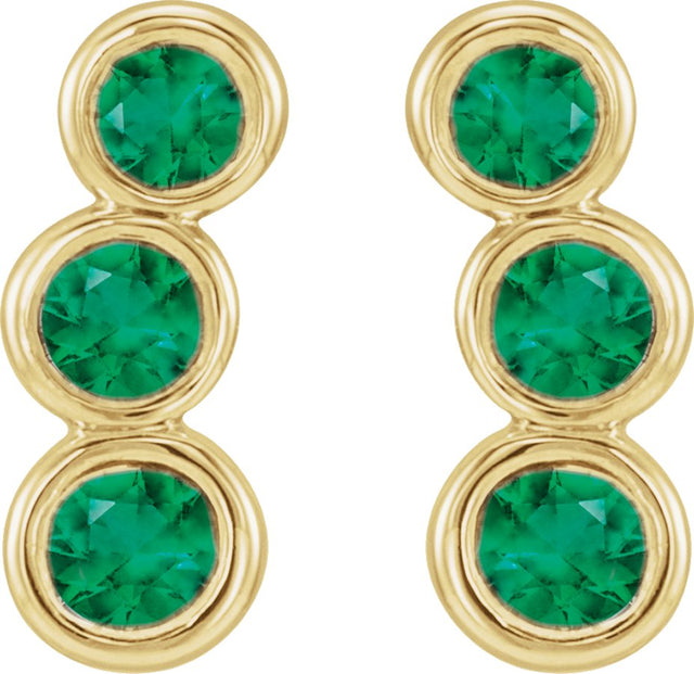 14K Gold Round Natural Emerald Three-Stone Ear Climbers - Yellow Gold - view 5