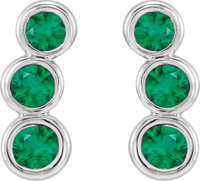 14K Gold Round Natural Emerald Three-Stone Ear Climbers - White Gold - view 5