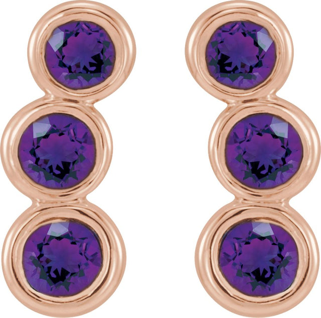 14K Gold Round Natural Amethyst Three-Stone Ear Climbers - Rose Gold - view 5