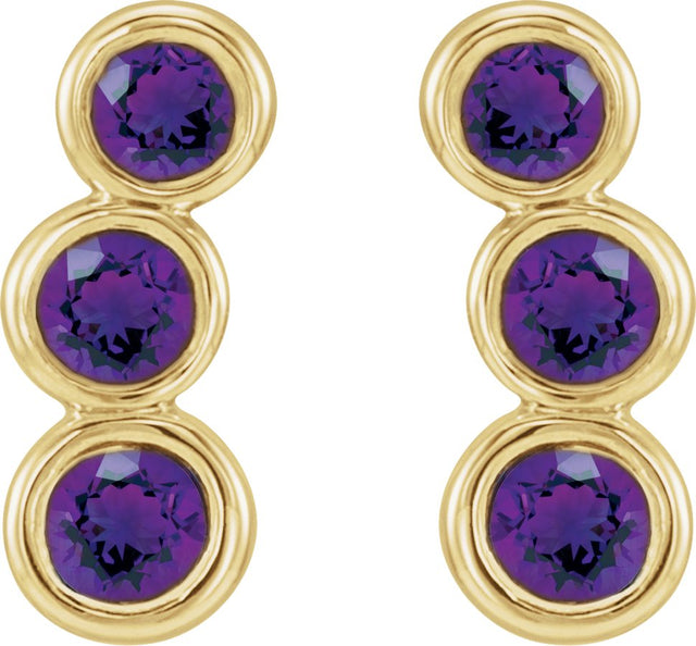 14K Gold Round Natural Amethyst Three-Stone Ear Climbers - Yellow Gold - view 5