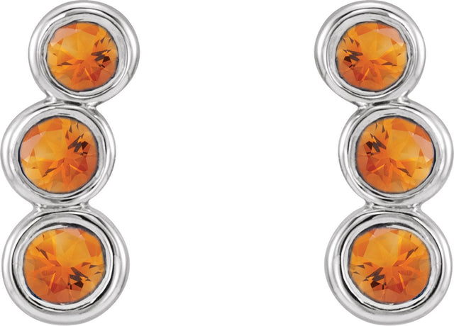 14K Gold Round Natural Citrine Three-Stone Ear Climbers - White Gold - view 5