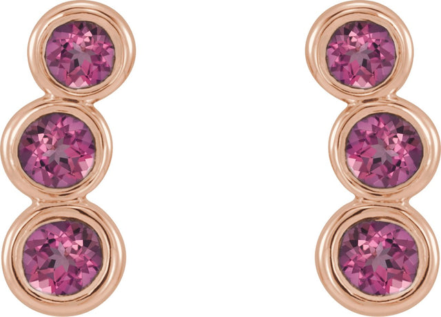 14K Gold Round Natural Pink Tourmaline Three-Stone Ear Climbers - Rose Gold - view 5