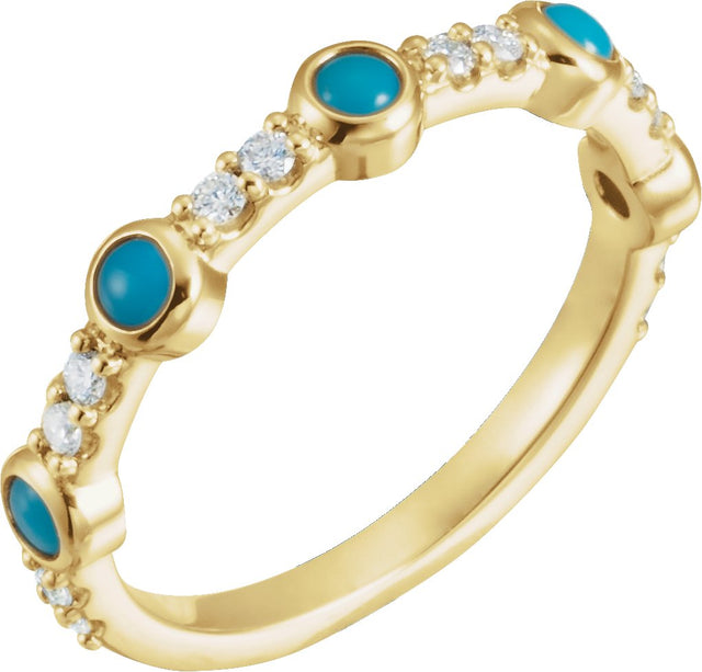 14K Gold Round Natural Turquoise & Natural Diamond Accented Cabochon Ring - Yellow Gold