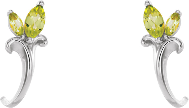 14K Gold Marquise Natural Peridot Floral J-Hoop Earrings - White Gold - view 2