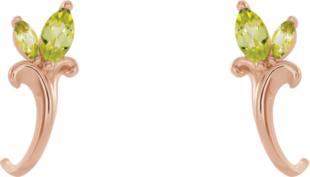 14K Gold Marquise Natural Peridot Floral J-Hoop Earrings - Rose Gold - view 2
