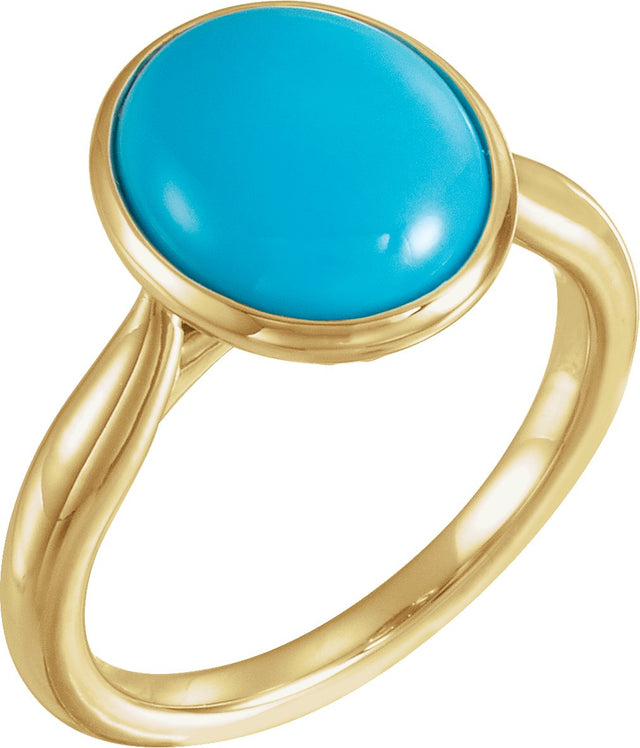 14K Gold Oval Natural Turquoise Bezel-Set Solitaire Ring - Yellow Gold