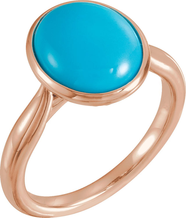 14K Gold Oval Natural Turquoise Bezel-Set Solitaire Ring - Rose Gold