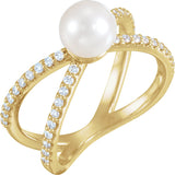 14K Gold Cultured White Freshwater Pearl & Natural Diamond Pearl Ring - Yellow Gold