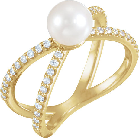 14K Gold Cultured White Freshwater Pearl & Natural Diamond Pearl Ring - Yellow Gold