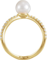 14K Gold Cultured White Freshwater Pearl & Natural Diamond Pearl Ring - Yellow Gold - view 2