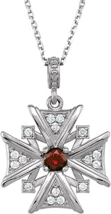 14K Gold Round Natural Mozambique Garnet & Natural Diamond Vintage-Inspired Cross Necklace – 1/6 CTW - White Gold