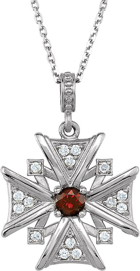 14K Gold Round Natural Mozambique Garnet & Natural Diamond Vintage-Inspired Cross Necklace – 1/6 CTW - White Gold