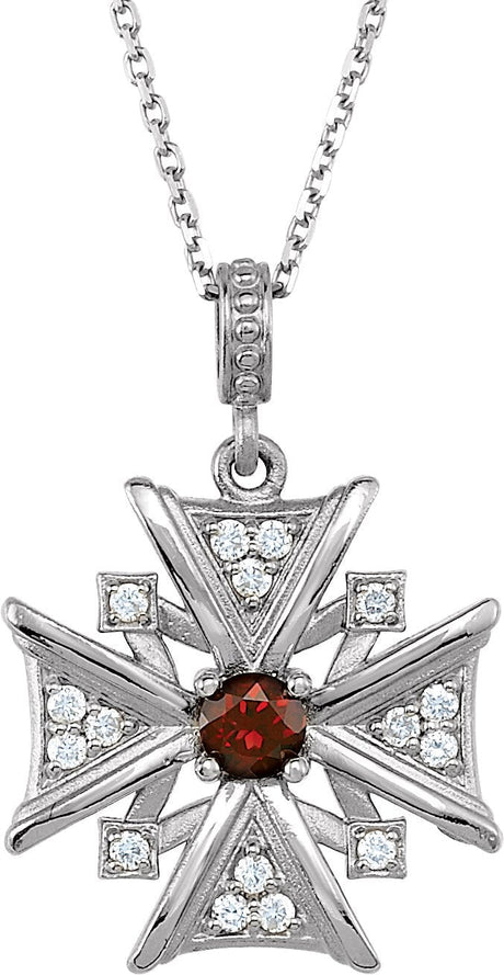14K Gold Round Natural Mozambique Garnet & Natural Diamond Vintage-Inspired Cross Necklace – 1/6 CTW - White Gold