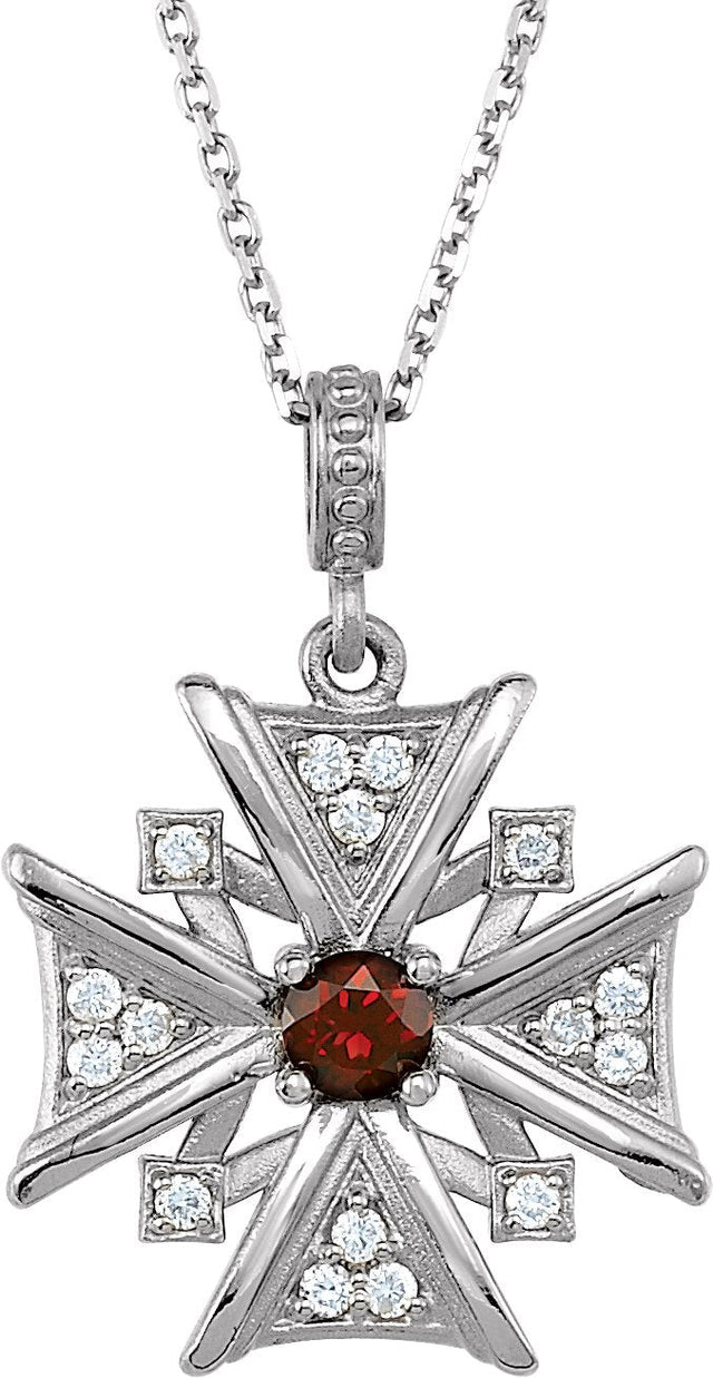 14K Gold Round Natural Mozambique Garnet & Natural Diamond Vintage-Inspired Cross Necklace – 1/6 CTW - White Gold