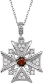 14K Gold Round Natural Mozambique Garnet & Natural Diamond Vintage-Inspired Cross Necklace – 1/6 CTW - White Gold