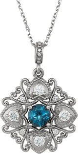 14K Gold Round Natural London Blue Topaz & Natural Diamond Vintage-Inspired Necklace or Pendant - White Gold